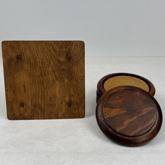 Vintage Wooden Coaster Set Four-Post Holder 4 Wood Coasters with Cork Inserts - Picture 4 of 14